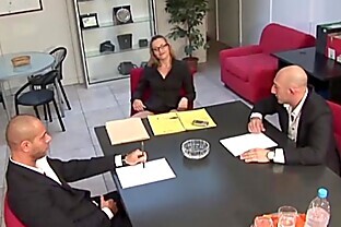 Carrer woman in high heels banged by colleagues in a business meeting